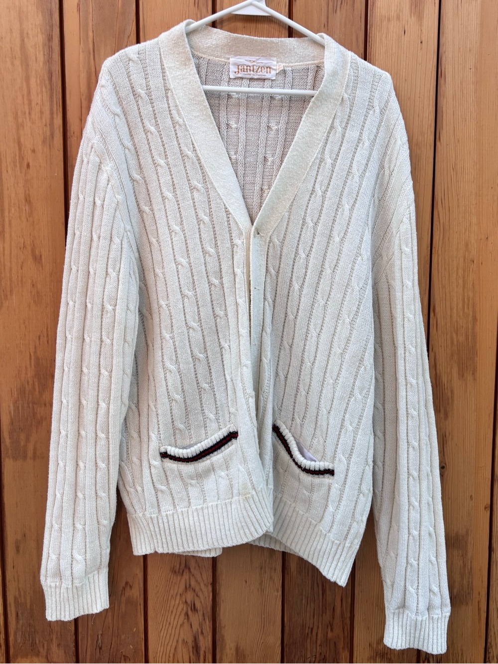 Vintage Jantzen Cream Cable Knit Cardigan Sweater XL Varsity Trim Made in Canada